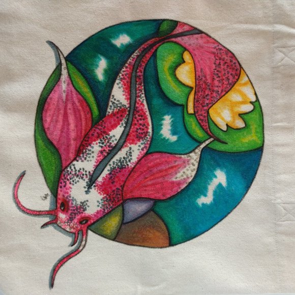 Hand Painted Tote Bag with Pink Koi Fish in Pond  13.5x13.5x3.5 NWT Handmade - Picture 12 of 16